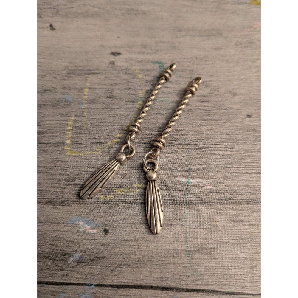 Vintage Silver Tone Twisted Rope Feather Drop Dangle Earrings Boho Southwestern